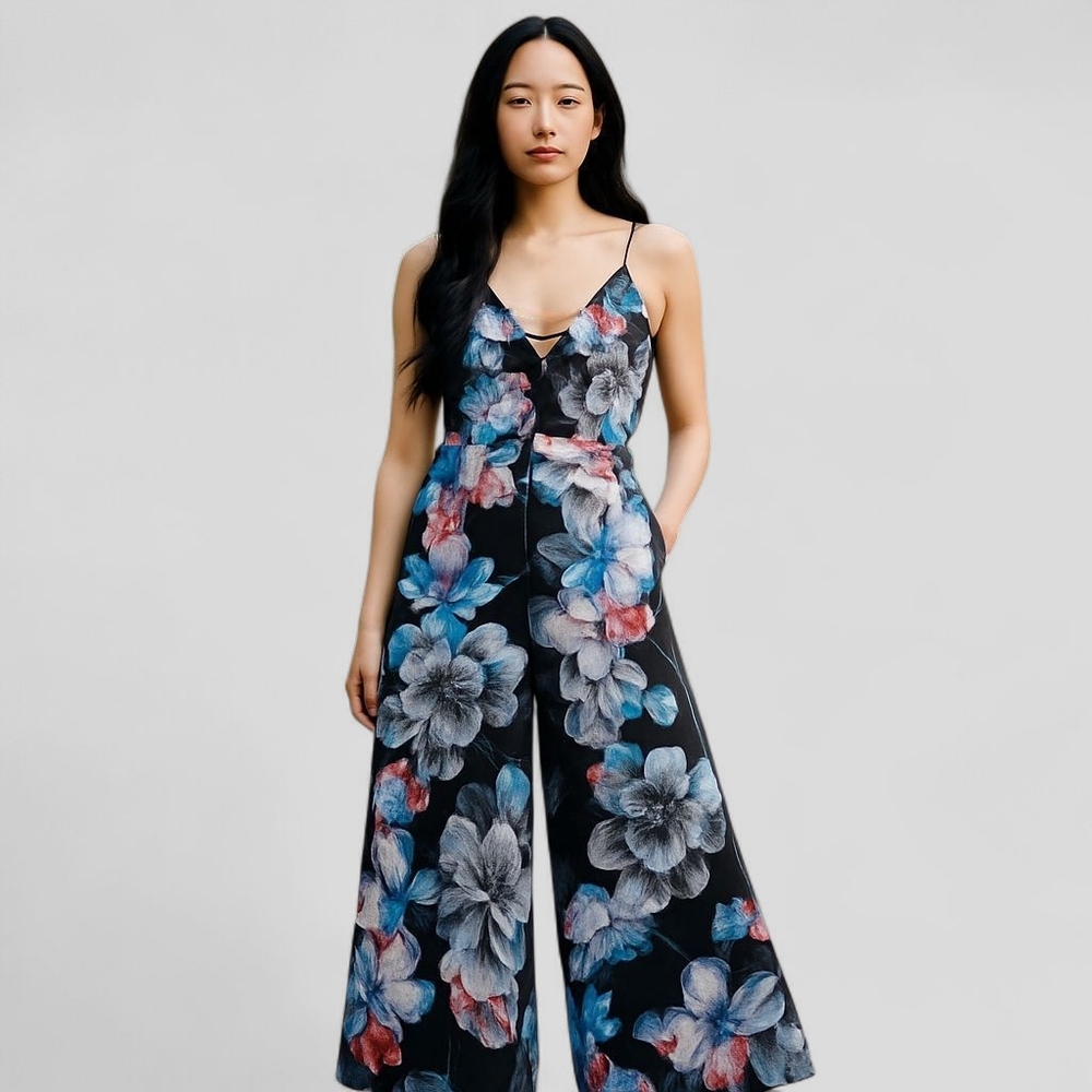 bebe Black Floral Wide-Leg Jumpsuit with Blue & Pink Accents